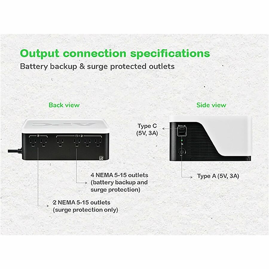 Alternate-Image1 Image for APC Back-UPS, 500VA/300W, Floor/Wall Mount, 120V, 6x NEMA 5-15R outlets, USB Type A + C Ports, Battery is not user replaceable