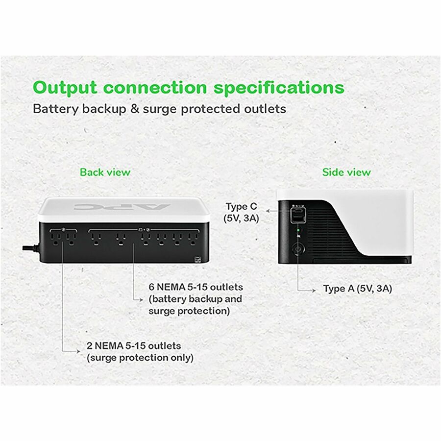 Alternate-Image2 Image for APC Back-UPS, 900VA/540W, Floor/Wall Mount, 120V, 8x NEMA 5-15R outlets, USB Type A + C Ports
