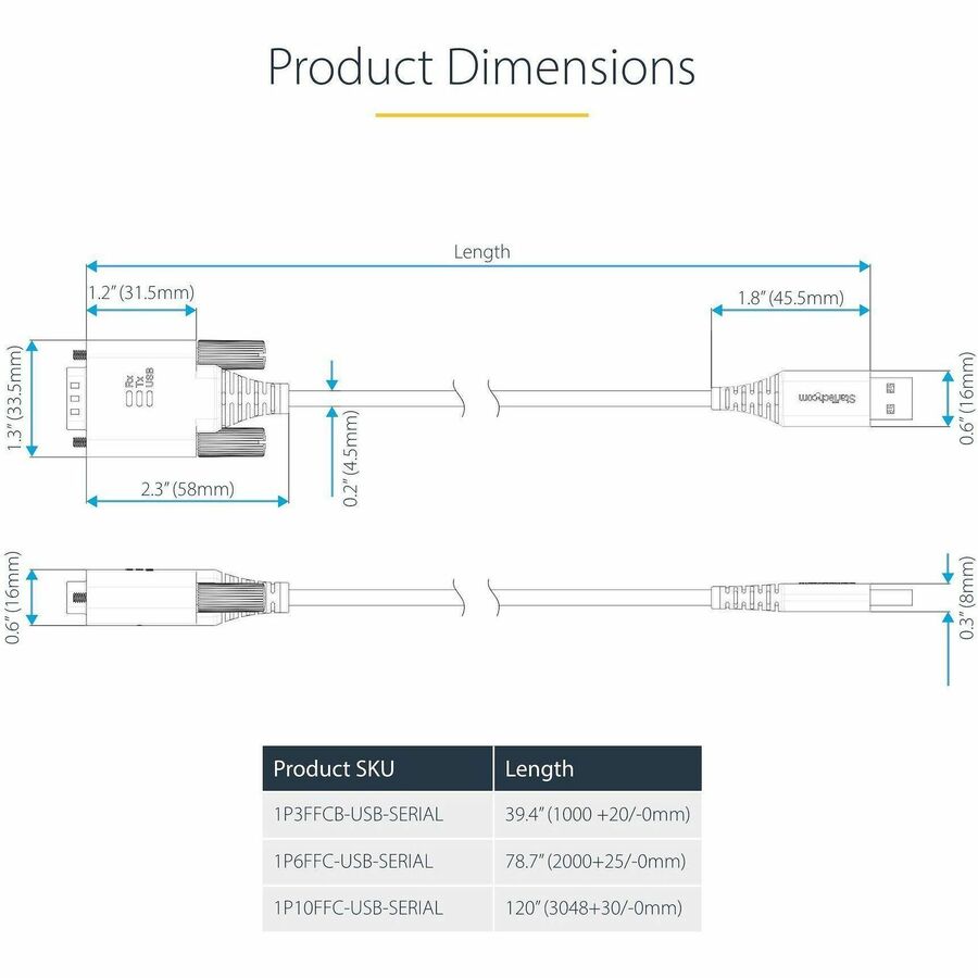 Alternate-Image7 Image for StarTech.com 3ft (1m) USB to Serial Adapter Cable, COM Retention, FTDI IC, DB9 RS232, Interchangeable DB9 Screws/Nuts, Windows/macOS/Linux