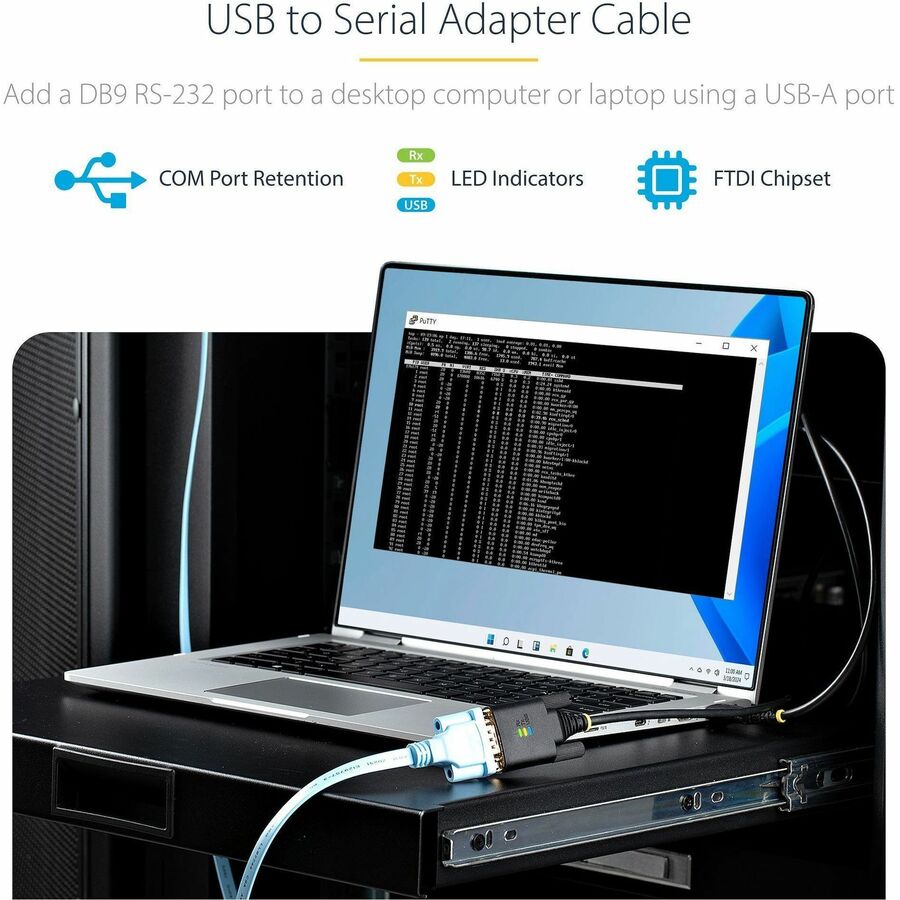 Alternate-Image1 Image for StarTech.com 10ft (3m) USB to Serial Adapter Cable, COM Retention, FTDI, DB9 RS232, Interchangeable DB9 Screws/Nuts, Windows/macOS/Linux