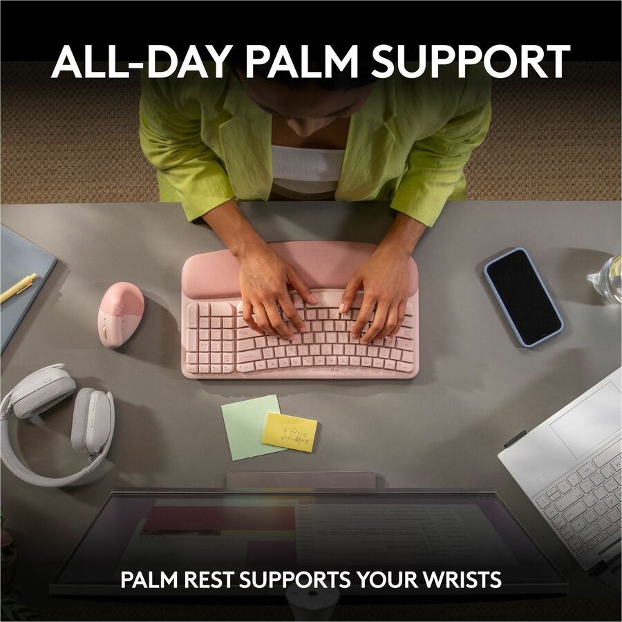 Alternate-Image3 Image for Logitech Wave Keys Wireless Ergonomic Keyboard with Cushioned Palm Rest, Comfortable Natural Typing, Easy-Switch, Rose