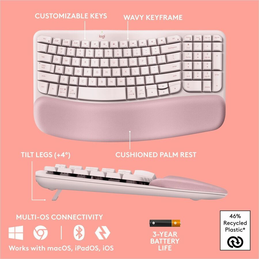 Alternate-Image5 Image for Logitech Wave Keys Wireless Ergonomic Keyboard with Cushioned Palm Rest, Comfortable Natural Typing, Easy-Switch, Rose