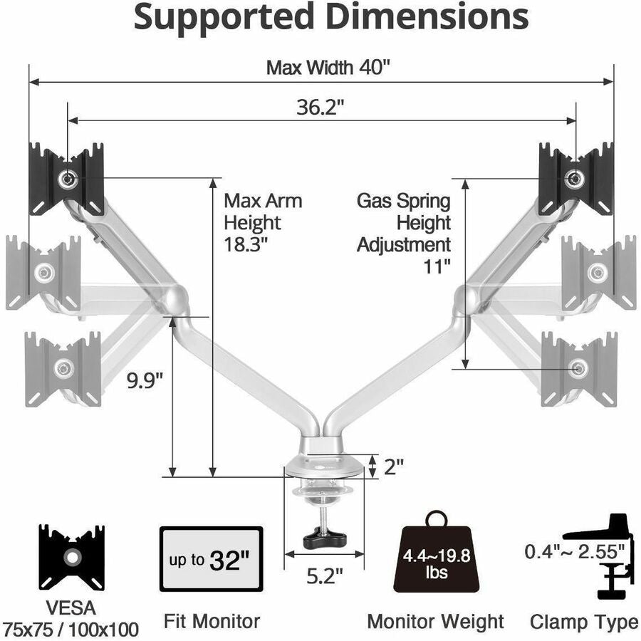 Alternate-Image2 Image for SIIG MTPRO Desk Mount Dual Gas Spring Monitor Arm - up to 32" Display - Max. Load 19.8 lbs - VESA 75 & 100mm