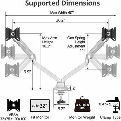 Alternate-Image2 Image for SIIG MTPRO Desk Mount Dual Gas Spring Monitor Arm - up to 32" Display - Max. Load 19.8 lbs - VESA 75 & 100mm