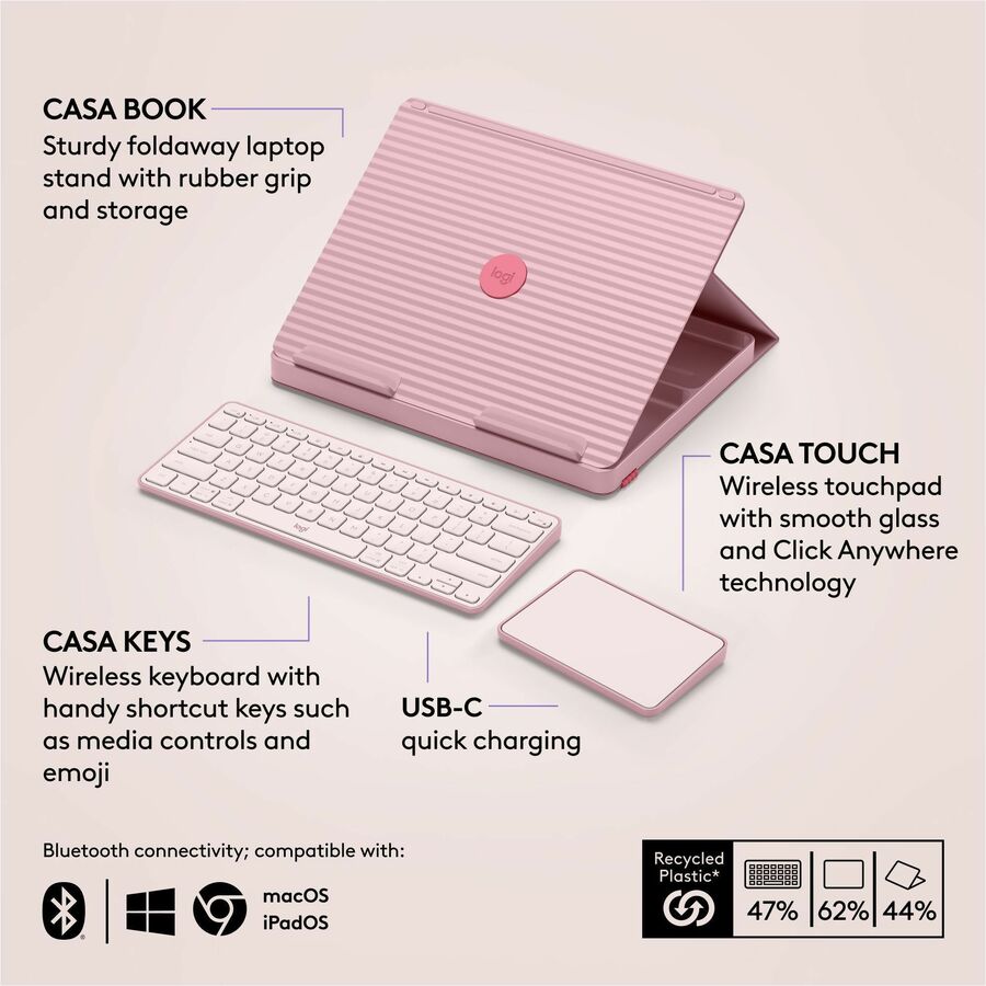 Alternate-Image5 Image for Logitech Casa Pop-Up Desk Work From Home Kit with Laptop Stand, for Laptop/MacBook (10" to 17"), Rose