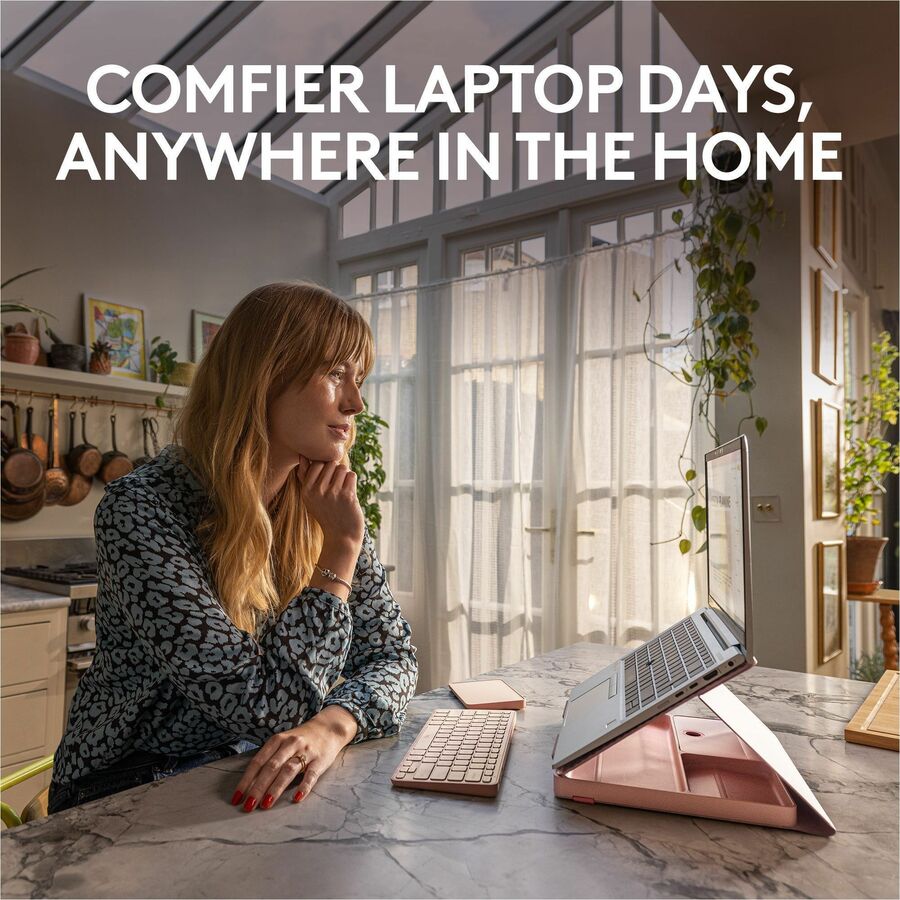 Life-Style Image for Logitech Casa Pop-Up Desk Work From Home Kit with Laptop Stand, for Laptop/MacBook (10" to 17"), Rose