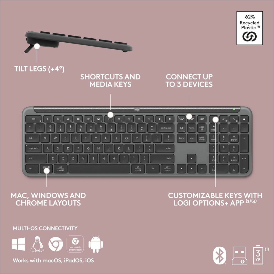 Alternate-Image8 Image for Logitech MK955 Signature Slim Wireless Keyboard and Mouse Combo, For Larger Hands, Quiet Typing and Clicking, Graphite