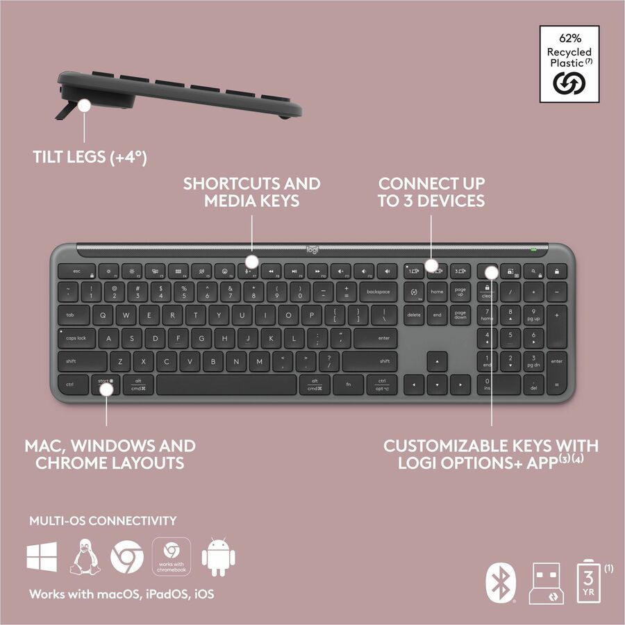 Alternate-Image8 Image for Logitech Signature Slim K950 Wireless Keyboard, Sleek Design, Quiet Typing, Bluetooth, Multi-OS, Graphite