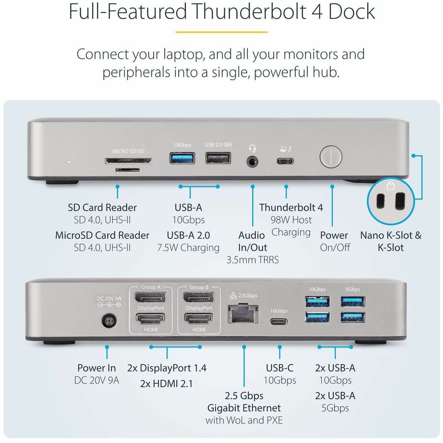 Alternate-Image2 Image for StarTech.com Universal USB4 & Thunderbolt 4 Docking Station, Quad Display on Windows, Dual Display on MacBook, HDMI DP Dock, 98W Charging