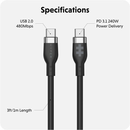 Alternate-Image1 Image for Targus HyperJuice 240W Silicone USB-C to USB-C Cable (3ft/1m) - Black