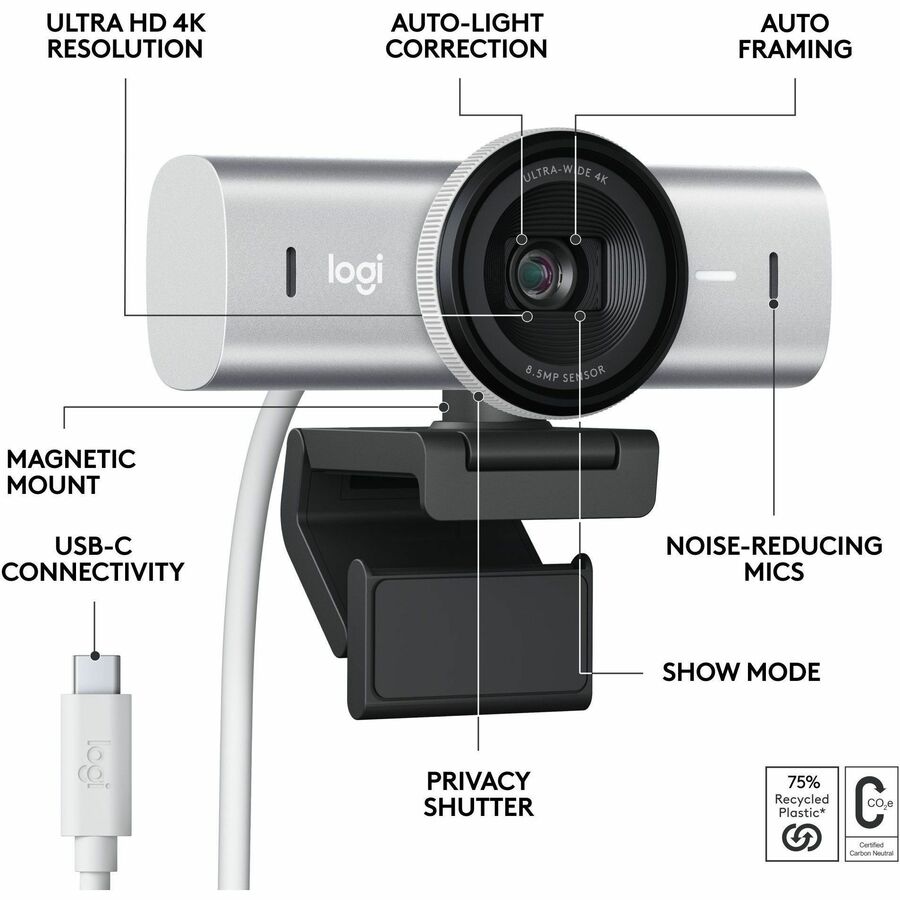 Alternate-Image5 Image for Logitech MX Brio Ultra HD 4K Collaboration and Streaming Webcam, 1080p at 60 FPS, Dual Noise Reducing Mics, Show Mode, USB-C, Webcam Cover, Works with Microsoft Teams, Zoom, Google Meet, Pale Gray