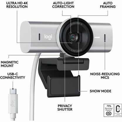 Alternate-Image5 Image for Logitech MX Brio Ultra HD 4K Collaboration and Streaming Webcam, 1080p at 60 FPS, Dual Noise Reducing Mics, Show Mode, USB-C, Webcam Cover, Works with Microsoft Teams, Zoom, Google Meet, Pale Gray