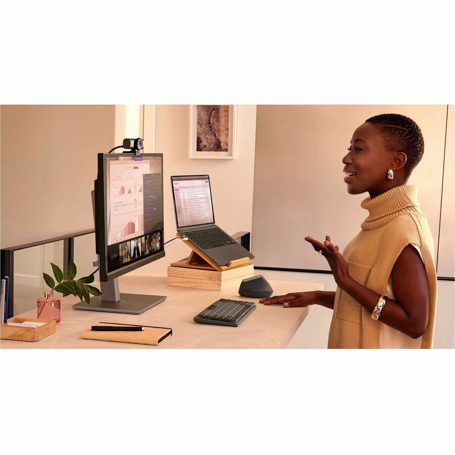 Life-Style Image for Logitech MX Brio Ultra HD 4K Collaboration and Streaming Webcam, 1080p at 60 FPS, Dual Noise Reducing Mics, Show Mode, USB-C, Webcam Cover, Works with Microsoft Teams, Zoom, Google Meet, Pale Gray