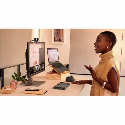 Life-Style Image for Logitech MX Brio Ultra HD 4K Collaboration and Streaming Webcam, 1080p at 60 FPS, Dual Noise Reducing Mics, Show Mode, USB-C, Webcam Cover, Works with Microsoft Teams, Zoom, Google Meet, Pale Gray
