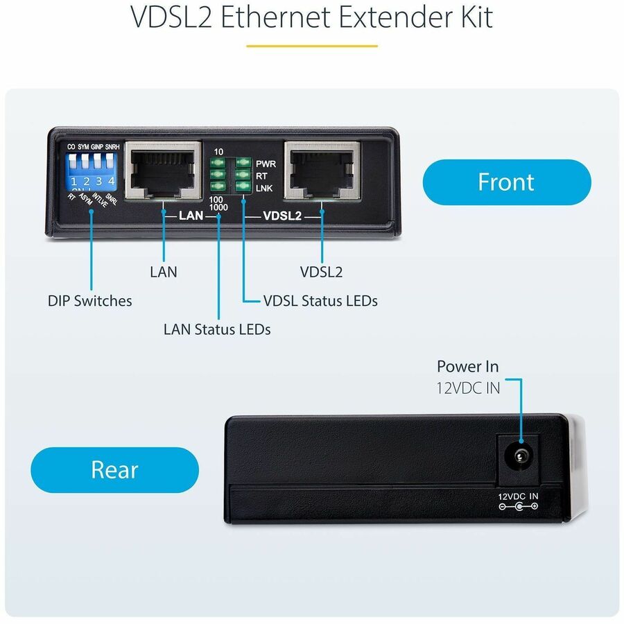 Alternate-Image2 Image for StarTech.com VDSL2 Ethernet Extender Kit over Single Pair Wire, Up to 0.6mi (1km) LAN Repeater over RJ11/CAT5e/CAT6, Replaces 110VDSLEXT