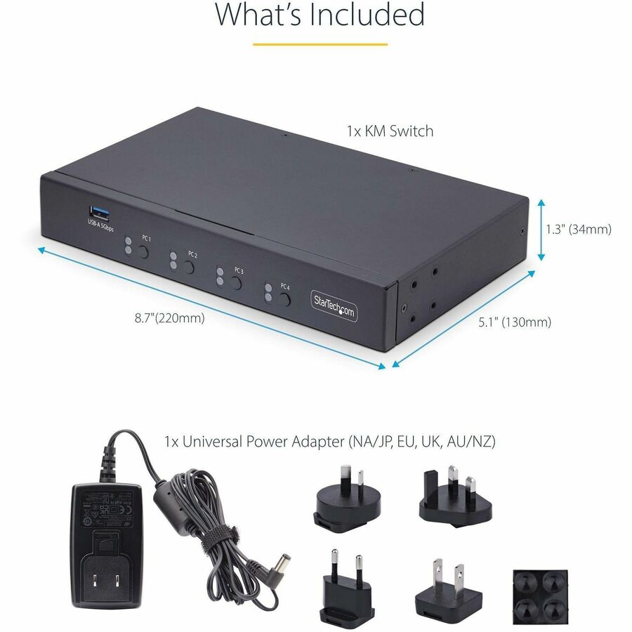 Alternate-Image5 Image for StarTech.com 4-Port KM Switch w/ Mouse Switching, USB 3.0 Keyboard/Mouse Switcher for 4 Computers, 3.5mm and USB Audio, TAA Compliant