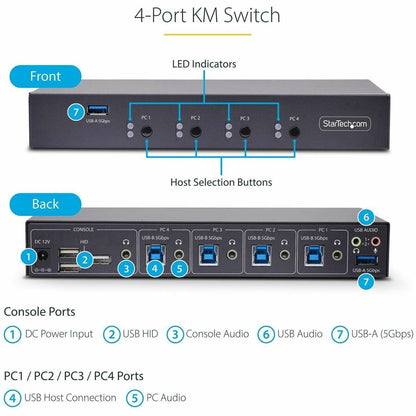 Alternate-Image3 Image for StarTech.com 4-Port KM Switch w/ Mouse Switching, USB 3.0 Keyboard/Mouse Switcher for 4 Computers, 3.5mm and USB Audio, TAA Compliant