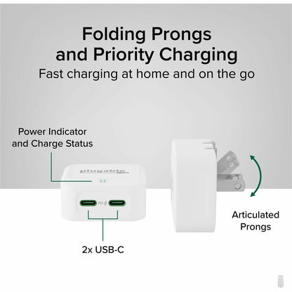 Alternate-Image2 Image for Plugable Dual USB C Charger Block, 40W Foldable 2-Port Fast Charging Flat USB C Wall Charger