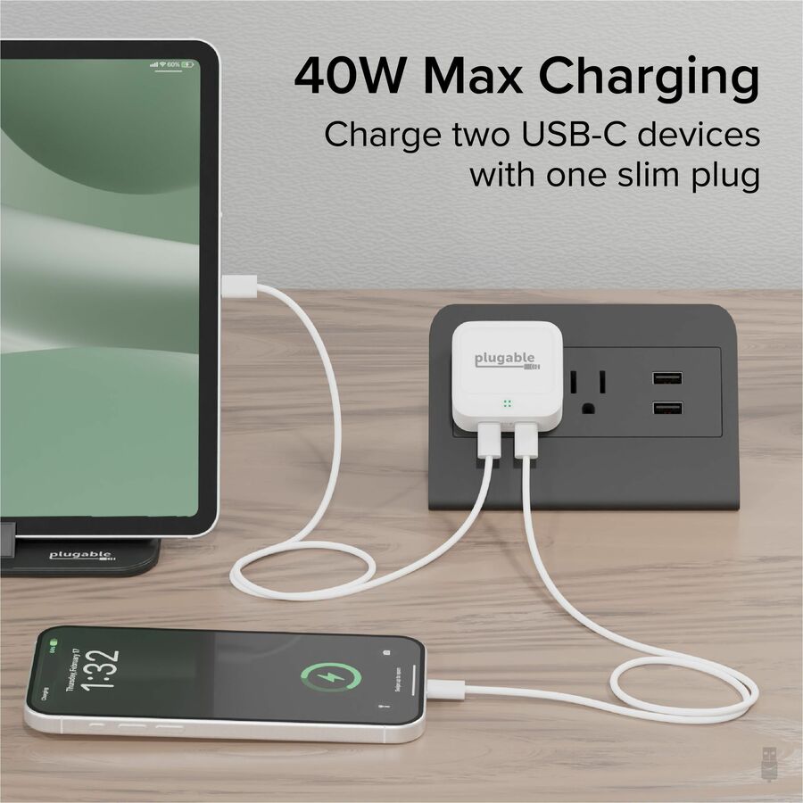 Alternate-Image1 Image for Plugable Dual USB C Charger Block, 40W Foldable 2-Port Fast Charging Flat USB C Wall Charger