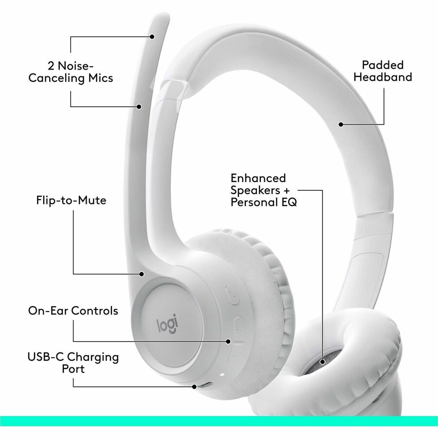 Alternate-Image2 Image for Logitech Zone 300 Wireless Bluetooth Headset With Noise-Canceling Microphone, Compatible with Windows, Mac, Chrome, Linux, iOS, iPadOS, Android - Off-white