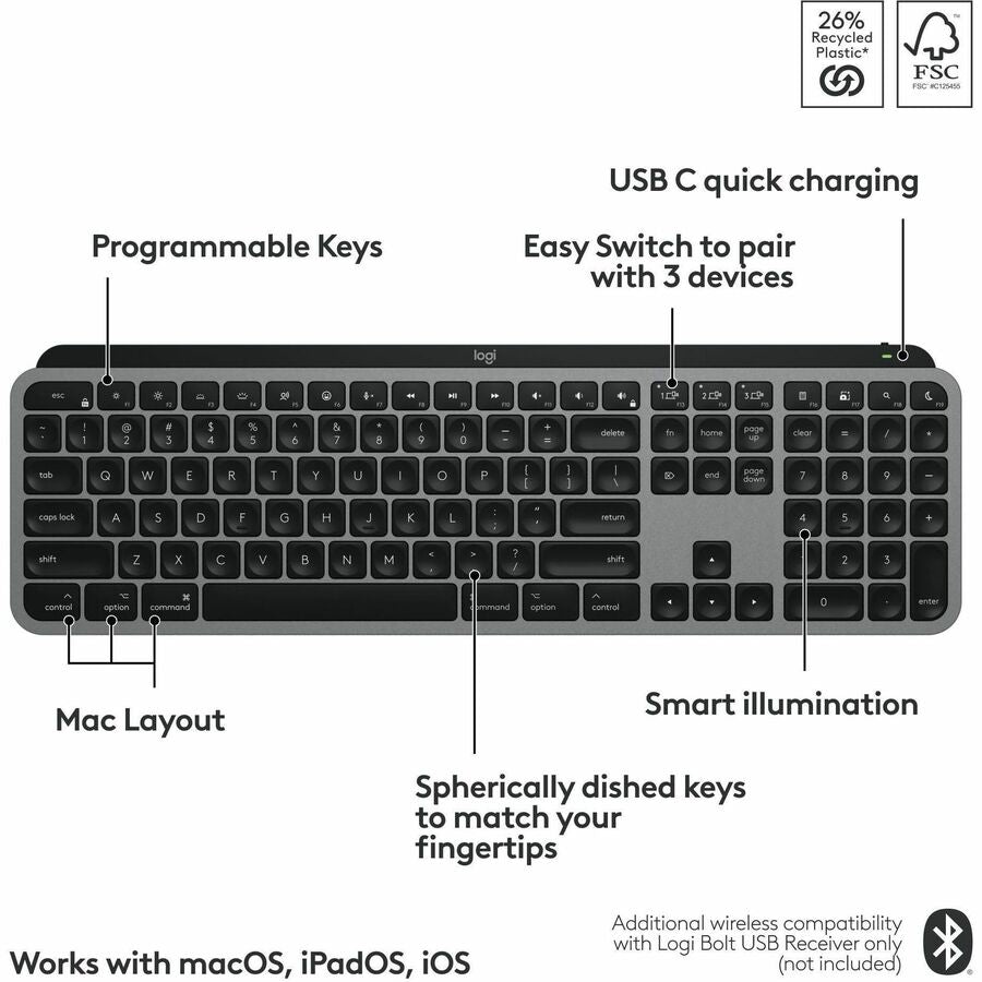 Alternate-Image5 Image for Logitech MX Keys S for Mac, Wireless Keyboard, Fluid, Precise Laptop-Like Typing, Programmable Keys, Backlit, Bluetooth, Space Grey