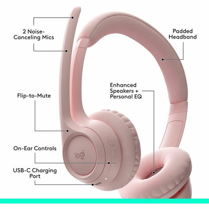 Alternate-Image1 Image for Logitech Zone 300 Wireless Bluetooth Headset With Noise-Canceling Microphone, Rose