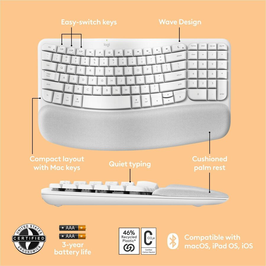 Alternate-Image5 Image for Logitech Wave Keys for Mac, Wireless Ergonomic Keyboard with Cushioned Palm Rest, Comfortable Natural Typing, Bluetooth Keyboard, Easy-Switch, Optimized for Mac, Apple, iPad, Off-white