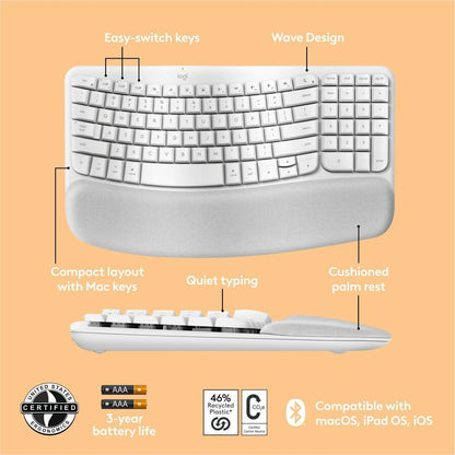 Alternate-Image5 Image for Logitech Wave Keys for Mac, Wireless Ergonomic Keyboard with Cushioned Palm Rest, Comfortable Natural Typing, Bluetooth Keyboard, Easy-Switch, Optimized for Mac, Apple, iPad, Off-white