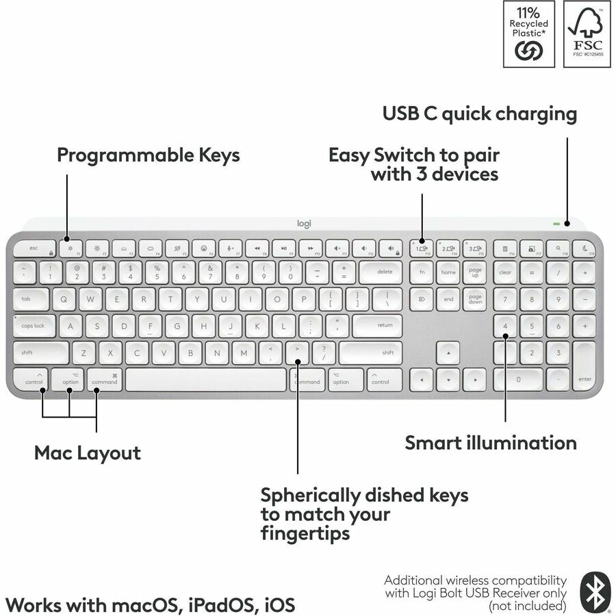 Alternate-Image5 Image for Logitech MX Keys S for Mac, Wireless Keyboard, Fluid, Precise Laptop-Like Typing, Programmable Keys, Backlit, Bluetooth, Pale Grey