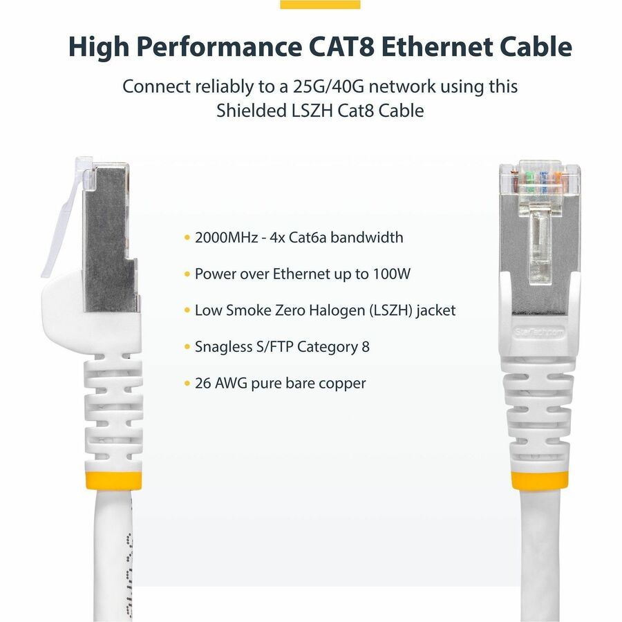 Alternate-Image1 Image for StarTech 3ft White CAT8 Ethernet Cable, Snagless RJ45, 25G/40G 2000MHz, 100W PoE, S/FTP, 26AWG Pure Bare Copper, LSZH Network Patch Cord