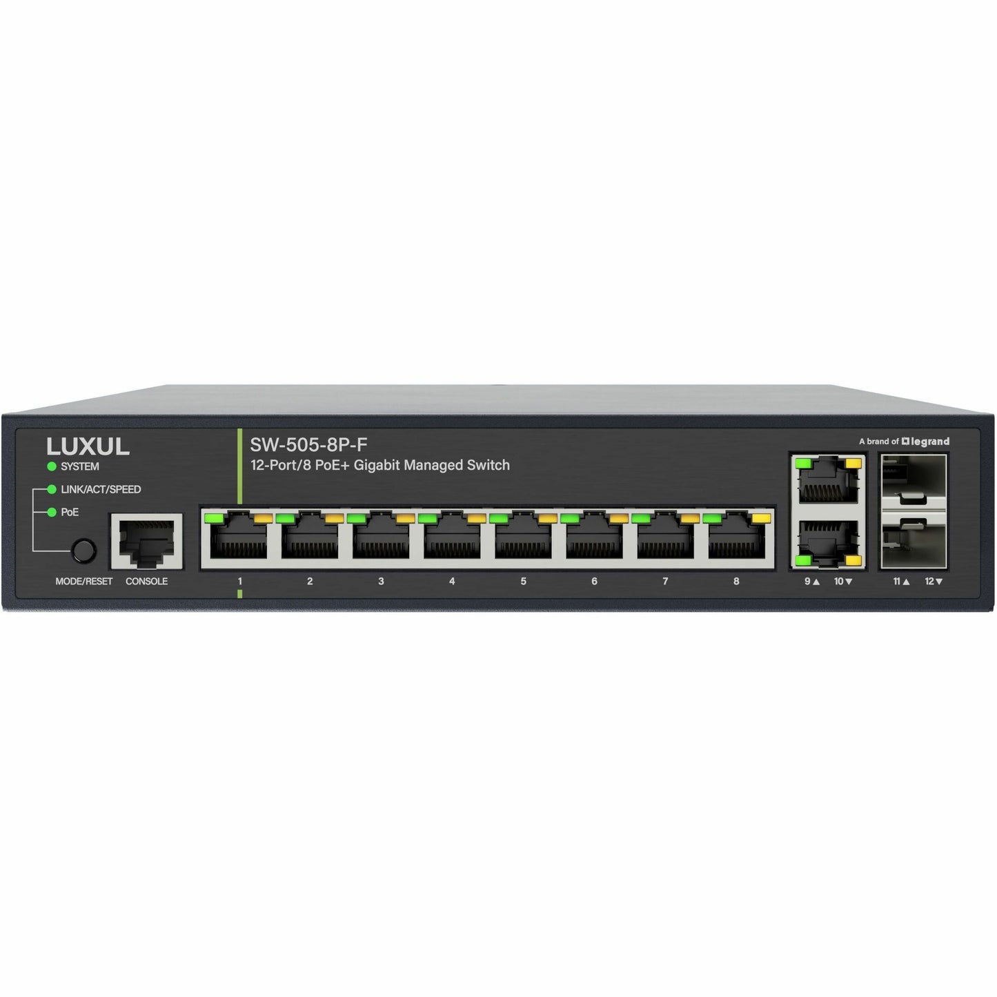 Main Image for Luxul 1Gb L2/L3 Managed Switch - 8 PoE+, 2 RJ45, 2 SFP Front-Facing Ports - TAA Compliant
