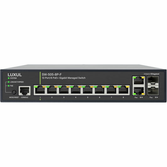 Main Image for Luxul 1Gb L2/L3 Managed Switch - 8 PoE+, 2 RJ45, 2 SFP Front-Facing Ports - TAA Compliant