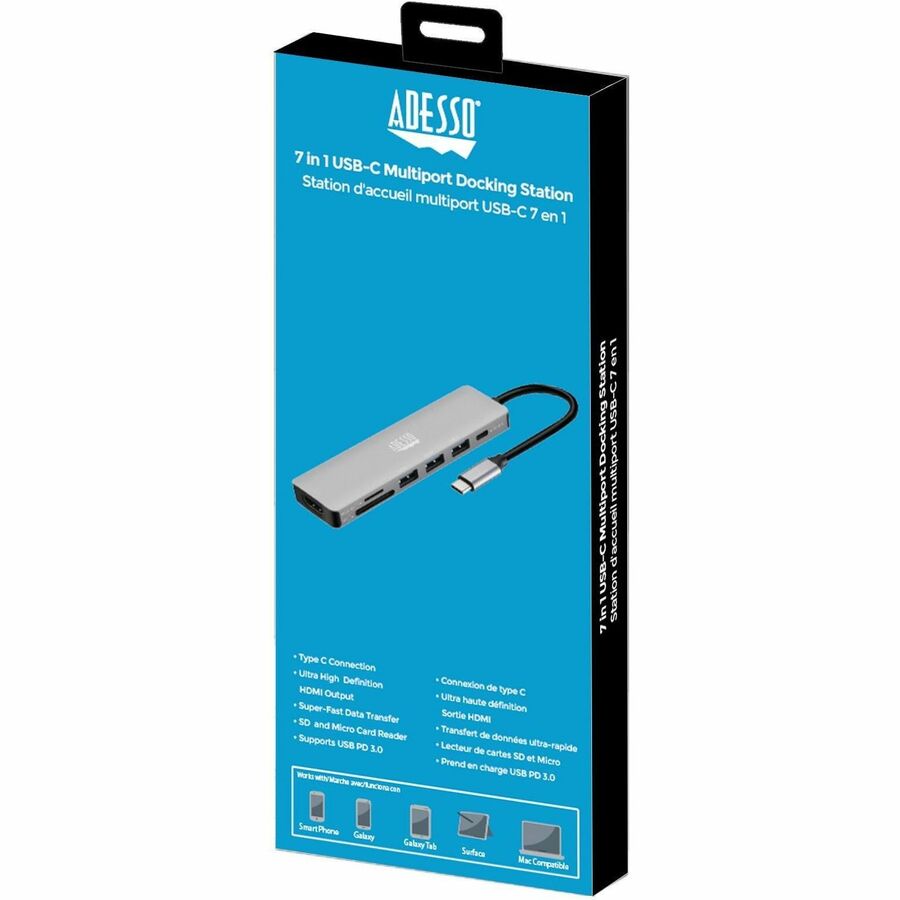 Alternate-Image1 Image for Adesso AUH-4025 7 in 1 Docking Station, Supports USB C to x1 4K HDMI, 3x USB-A 3.2, 1x PD, 1x Micro SD, 1x SD Card