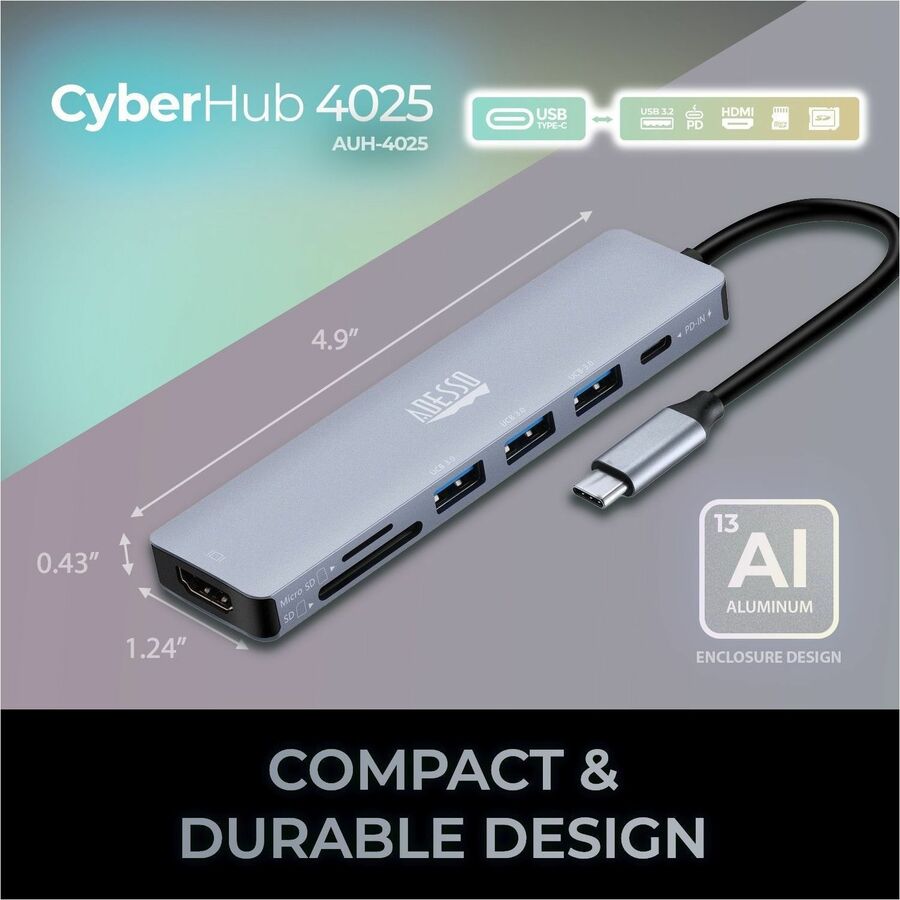 Alternate-Image9 Image for Adesso AUH-4025 7 in 1 Docking Station, Supports USB C to x1 4K HDMI, 3x USB-A 3.2, 1x PD, 1x Micro SD, 1x SD Card