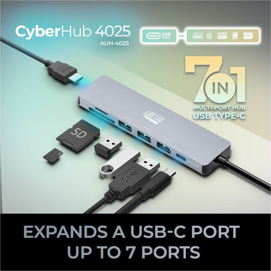 Alternate-Image6 Image for Adesso AUH-4025 7 in 1 Docking Station, Supports USB C to x1 4K HDMI, 3x USB-A 3.2, 1x PD, 1x Micro SD, 1x SD Card