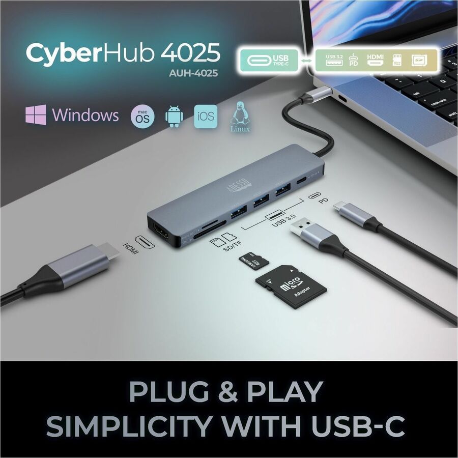 Alternate-Image7 Image for Adesso AUH-4025 7 in 1 Docking Station, Supports USB C to x1 4K HDMI, 3x USB-A 3.2, 1x PD, 1x Micro SD, 1x SD Card