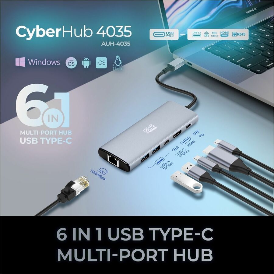 Alternate-Image6 Image for Adesso AUH-4035 7 in 1 Docking Station, Supports USB C to x1 4K HDMI, 3x USB-A 3.2, 1x PD, 1x Micro SD, 1x SD Card