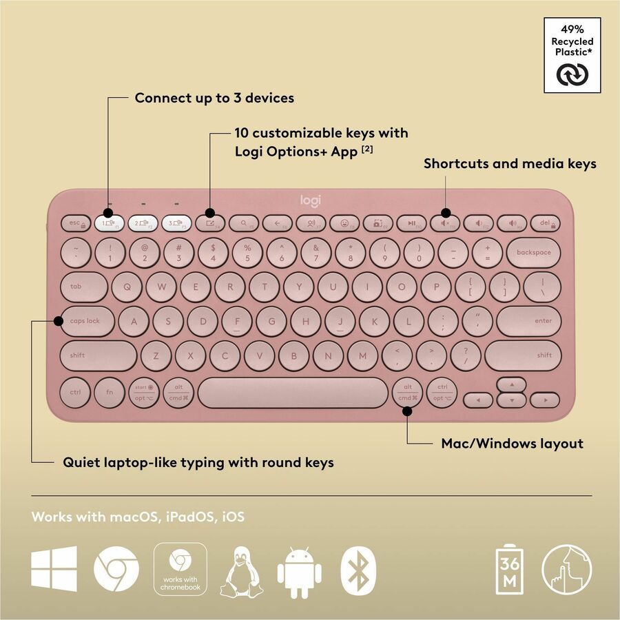 Alternate-Image5 Image for Logitech Pebble Keys 2 K380s, Multi-Device Bluetooth Wireless Keyboard with Customizable Shortcuts, Tonal Rose
