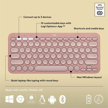 Alternate-Image5 Image for Logitech Pebble Keys 2 K380s, Multi-Device Bluetooth Wireless Keyboard with Customizable Shortcuts, Tonal Rose