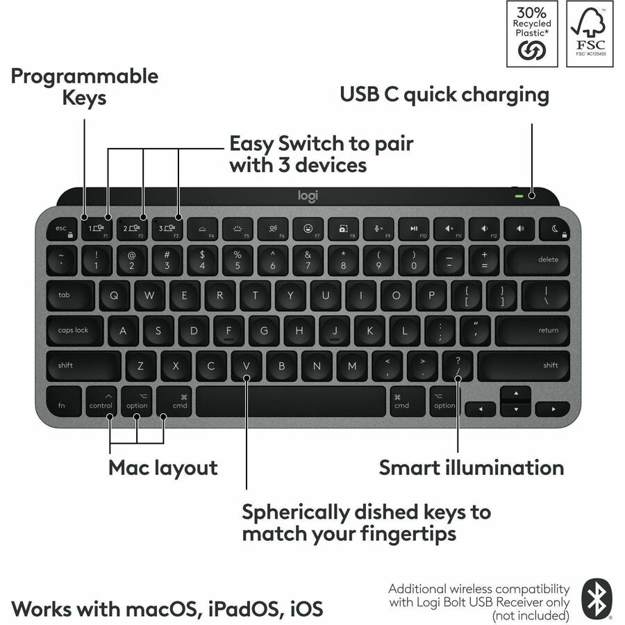 Alternate-Image6 Image for Logitech MX Keys Mini for Mac Minimalist Wireless Keyboard Compact, Bluetooth, Backlit Keys, USB-C, Fast - Space Gray