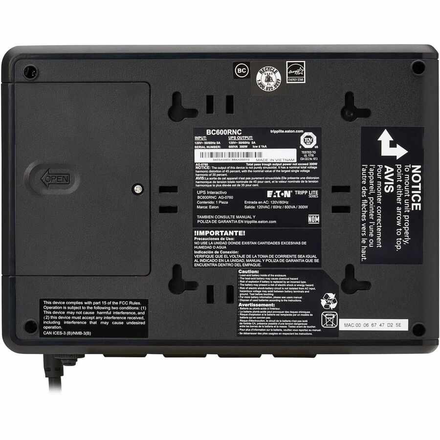 Bottom Image for Eaton Tripp Lite Series 600VA 300W 120V Standby Cloud-Connected UPS with Remote Monitoring - 4 NEMA 5-15R Outlets (Surge + Battery Backup), 5-15P Plug, Desktop