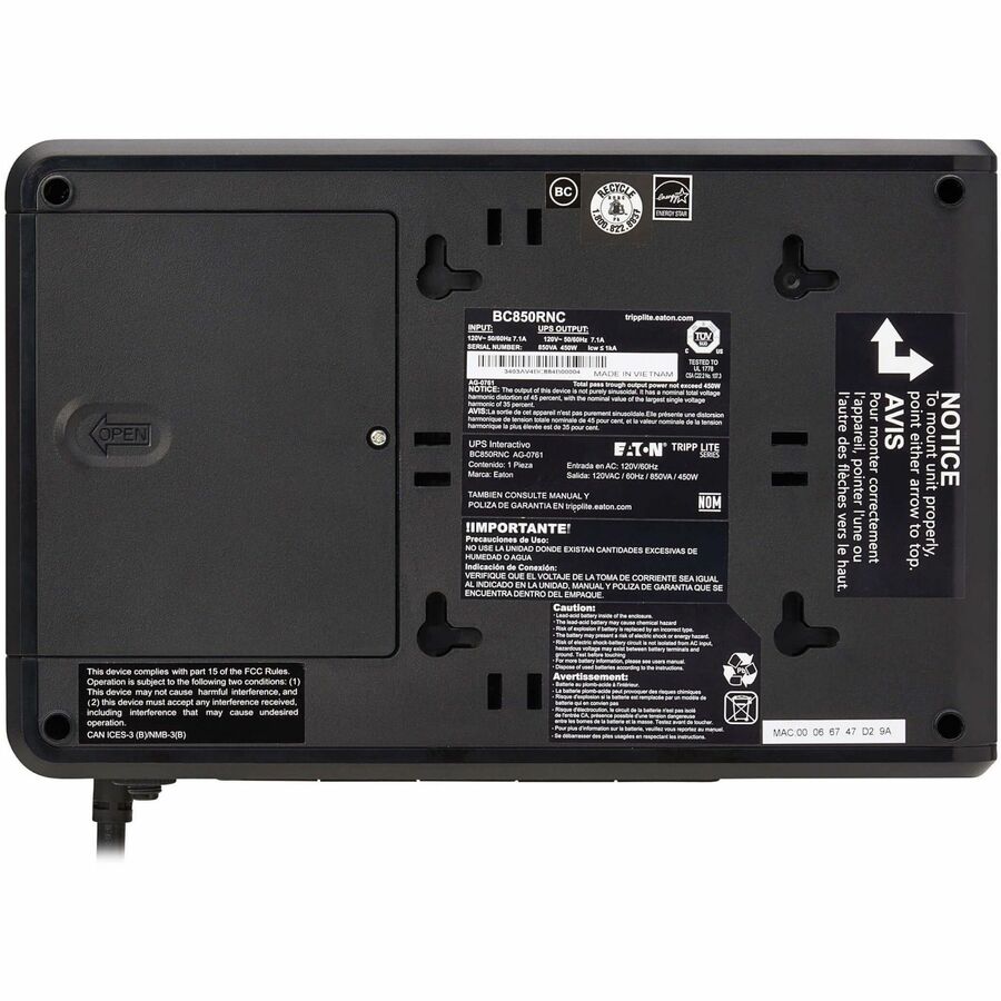 Bottom Image for Eaton Tripp Lite Series 850VA 450W 120V Standby Cloud-Connected UPS with Remote Monitoring - 5 NEMA 5-15R Outlets (Surge + Battery Backup), 5-15P Plug, Desktop