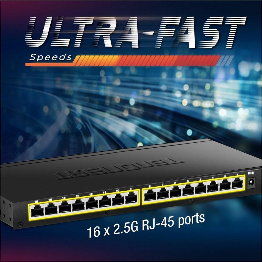 Alternate-Image5 Image for TRENDnet 16-Port Unmanaged 2.5G Desktop Network Ethernet Switch, TEG-S3160, 16 x 2.5Gb RJ-45 Ports, 80Gbps Switching Capacity, Ethernet Splitter, NDAA & TAA Compliant, Lifetime Protection, Black