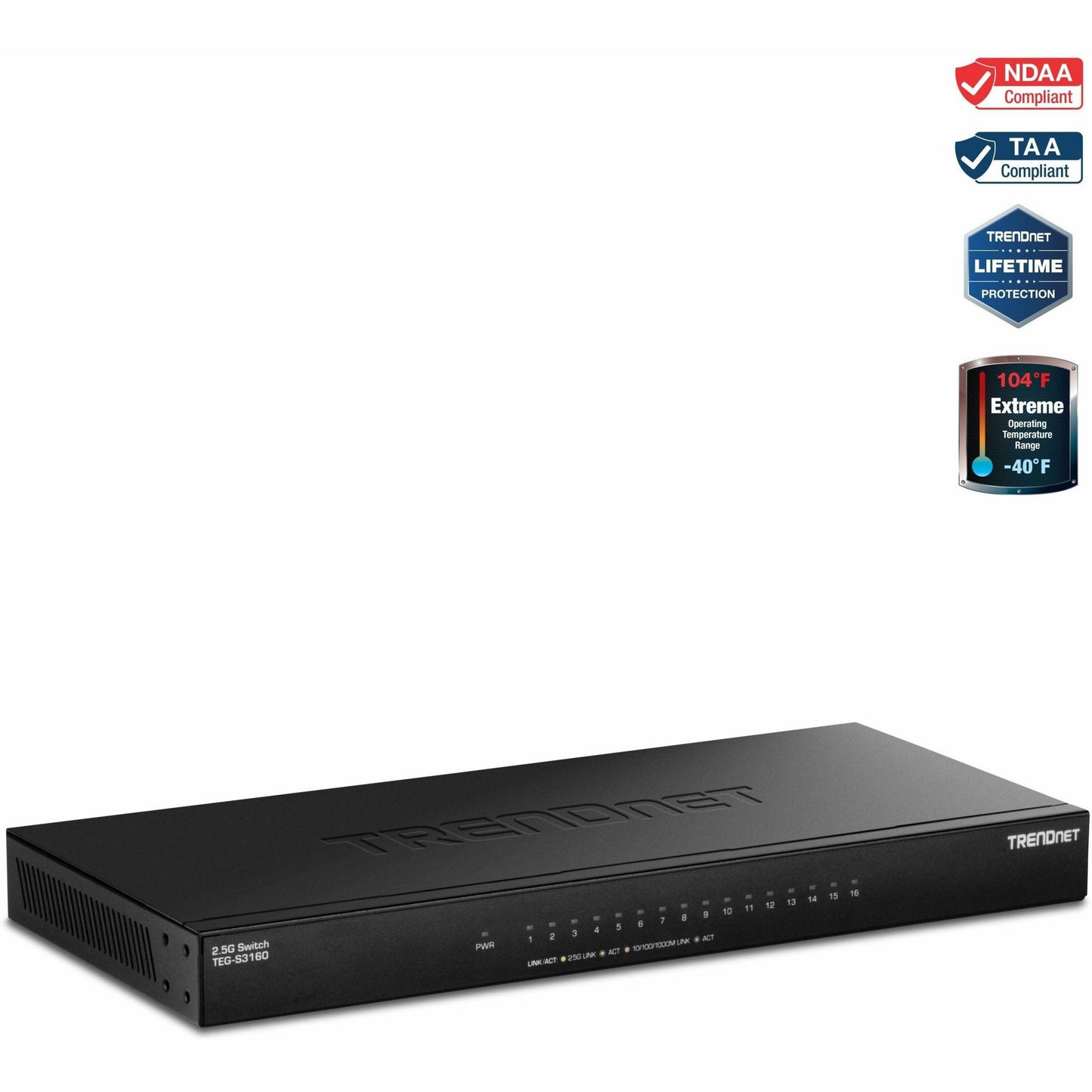 Main Image for TRENDnet 16-Port Unmanaged 2.5G Desktop Network Ethernet Switch, TEG-S3160, 16 x 2.5Gb RJ-45 Ports, 80Gbps Switching Capacity, Ethernet Splitter, NDAA & TAA Compliant, Lifetime Protection, Black