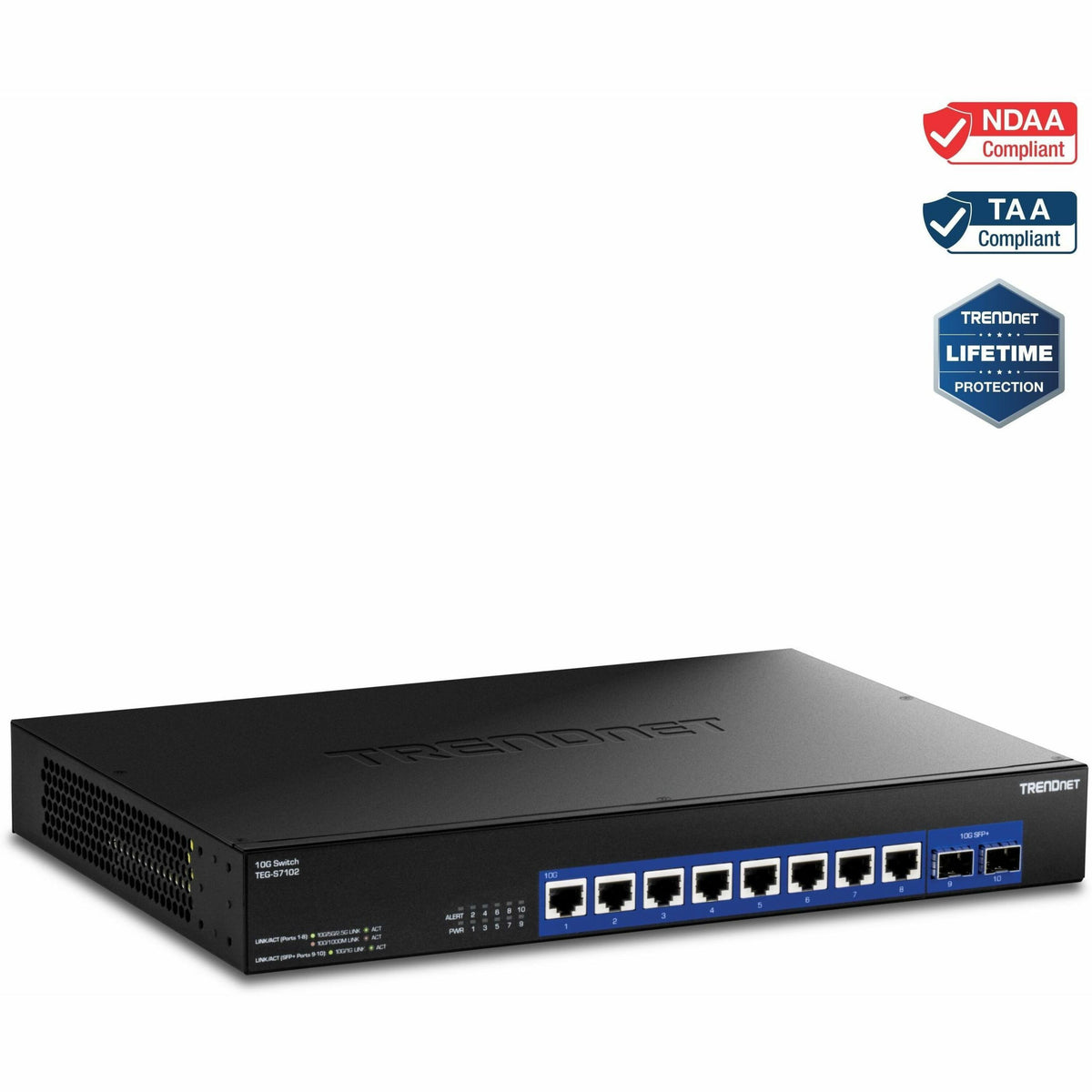 TRENDnet 10-Port 10G Unmanaged Switch, TEG-S7102, 8 x 10G  RJ-45 Ports, 2 x 10G SFP+ Ports, 200Gbps Switching Capacity,  Rackmount Design, Lifetime Protection, Black - TEG-S7102