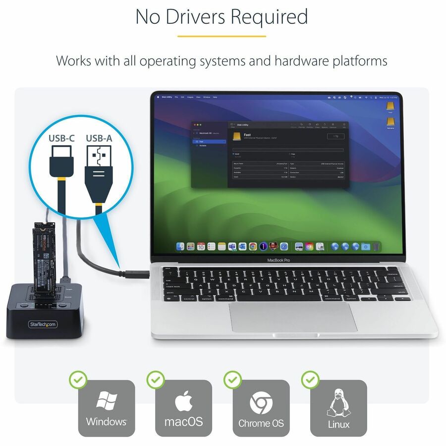 Alternate-Image2 Image for StarTech.com 1:1 M.2 NVMe Drive Duplicator, 90GBpm Standalone M.2 SSD Cloner/Copier, USB-C 3.2 20Gbps M.2 Dual-Bay Drive Docking Station