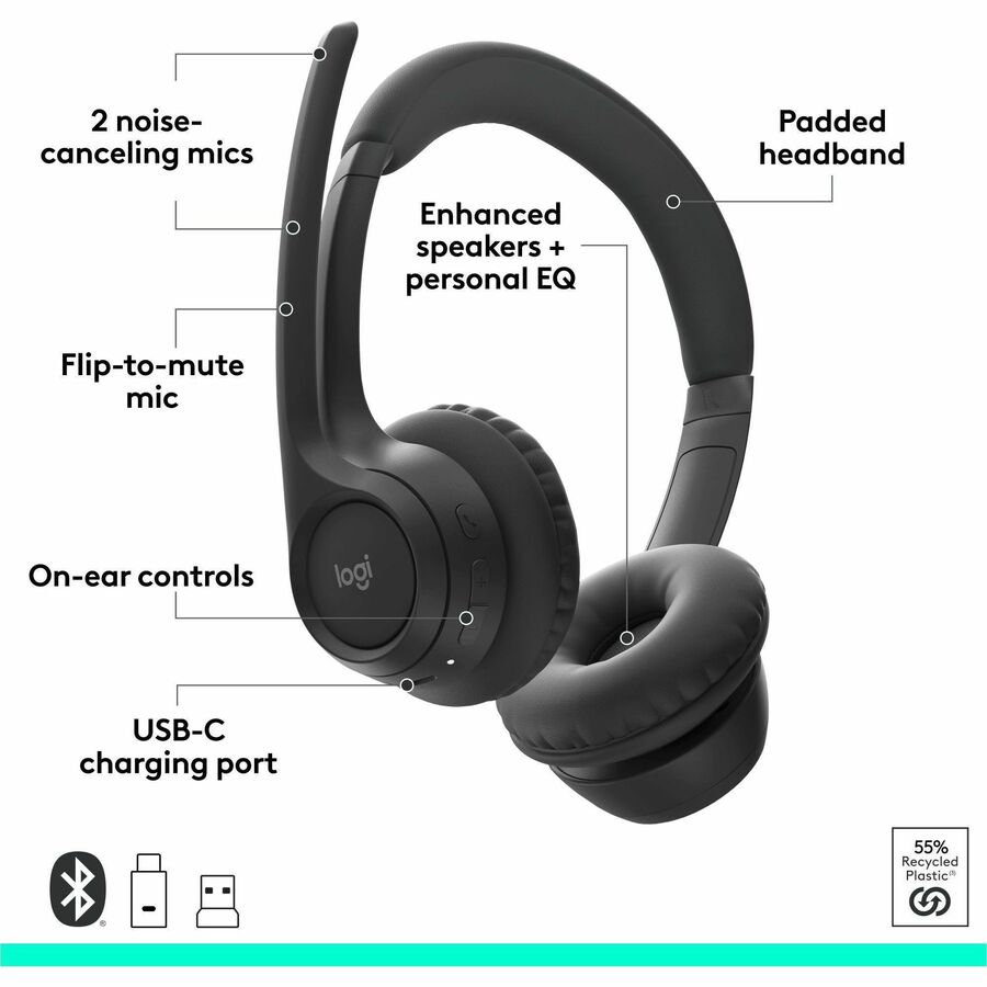 Alternate-Image5 Image for Logitech Zone 305 for Business, Wireless Bluetooth Headset With Microphone, for Google Meet, Google Voice, Zoom, Compatible With Windows, Mac, Chrome, Linux, iOS, iPadOS, Android, Black