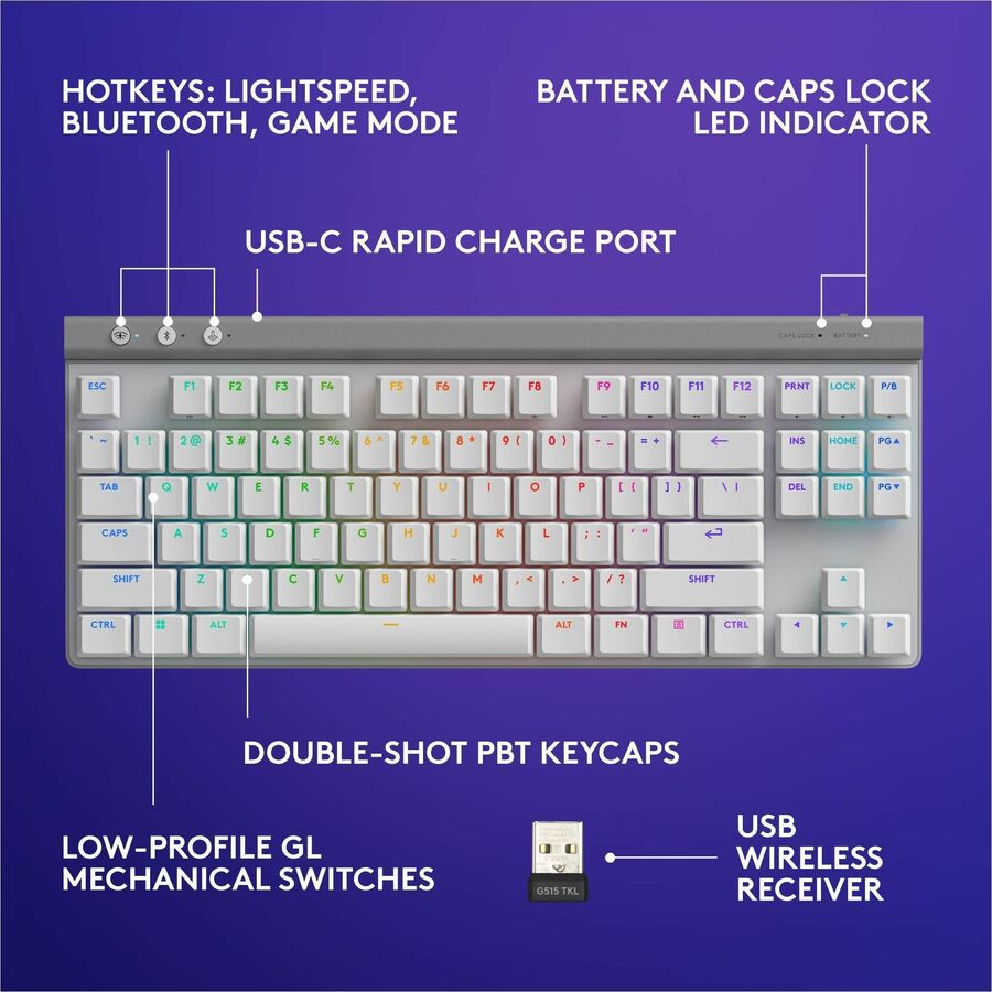 Alternate-Image5 Image for Logitech G515 LIGHTSPEED TKL Low Profile Wireless Gaming Keyboard, LIGHTSYNC RGB, Thin Tenkeyless Design, PBT Keycaps, Linear (Red) Mechanical Switches, White