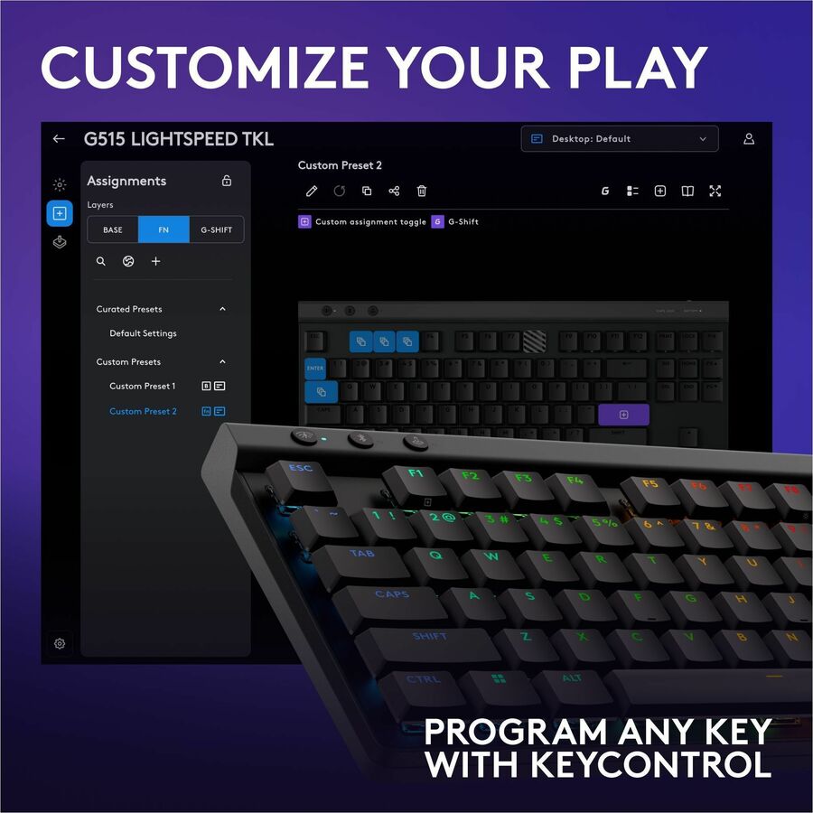 Alternate-Image6 Image for Logitech G515 LIGHTSPEED TKL Low Profile Wireless Gaming Keyboard, LIGHTSYNC RGB, Thin Tenkeyless Design, PBT Keycaps, Linear (Red) Mechanical Switches, Black