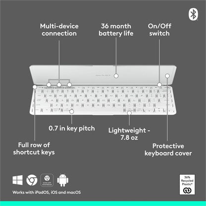 Alternate-Image5 Image for Logitech Keys-To-Go 2 Portable Bluetooth Keyboard for Tablet With Built-in Cover, Slim and Compact Wireless Keyboard for Windows, Android, Linux, iPad, iPhone, Mac, Apple TV (Pale Grey)